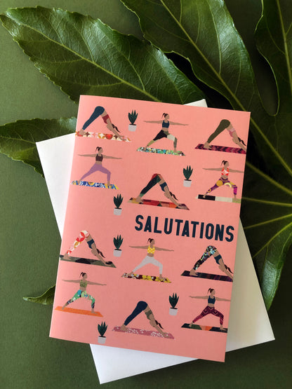 Everyday greetings card that says 'salutations' and features a fun pattern of women doing yoga poses on colourful yoga mats