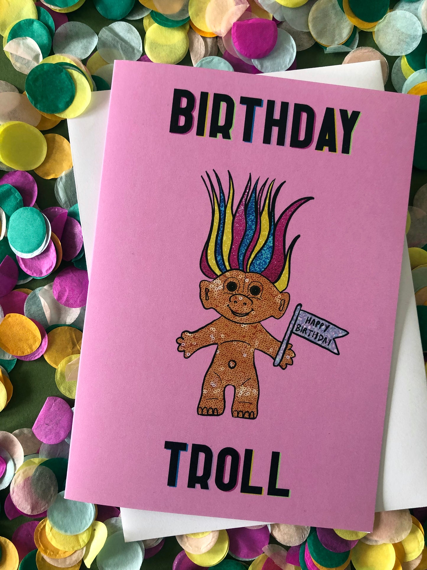 Pink Birthday Card featuring an illustration of a nineties troll doll