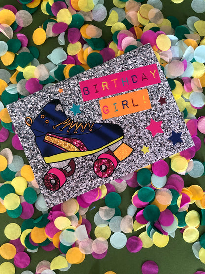 Neon and glitter rollerboot birthday girl card on a confetti background.