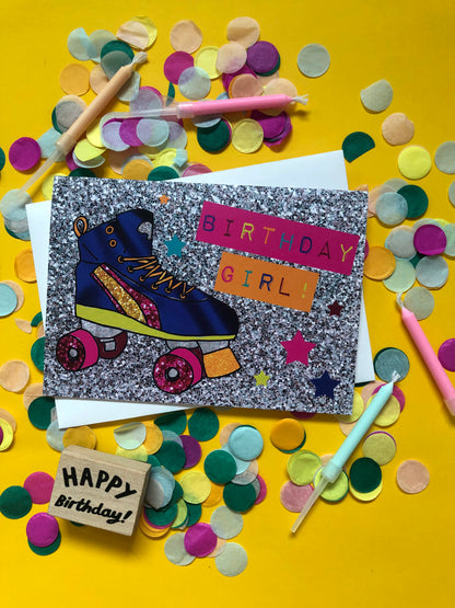 Neon and glitter rollerboot birthday girl card on a yellow background.
