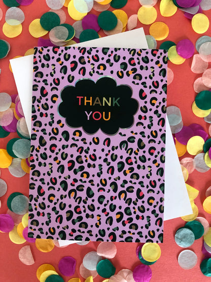 Leopard Print Thank you card with lilac print and pops of neon.