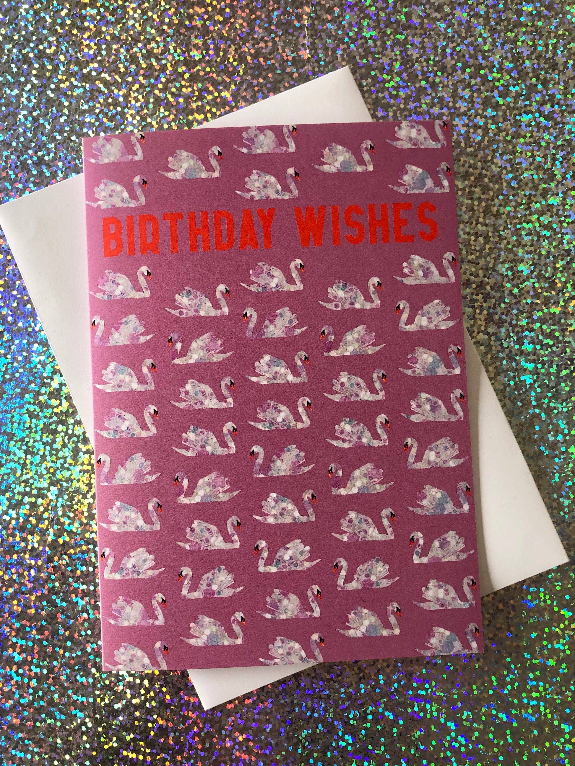 Pretty pink, swan print birthday card.