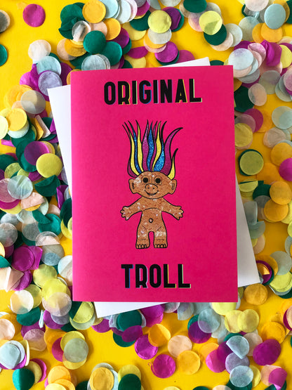 Bright Pink Greetings Card featuring an illustration of a nineties troll doll