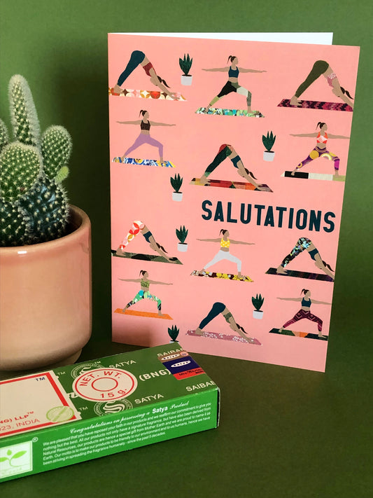 Everyday greetings card that says 'salutations' and features a fun pattern of women doing yoga poses on colourful yoga mats