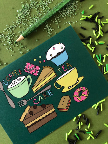 Set of 4 illustrated notecards featuring delicious tea time treats.