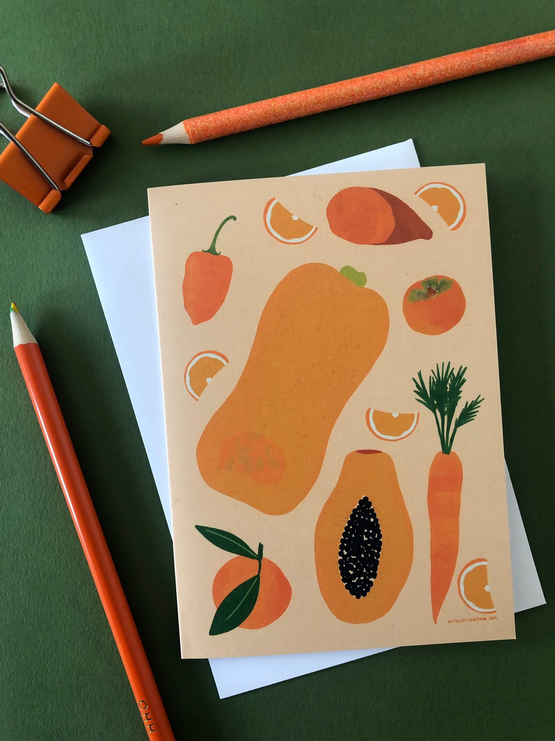 Set of 5 rainbow, illustrated notecards featuring fresh fruits and veggies..