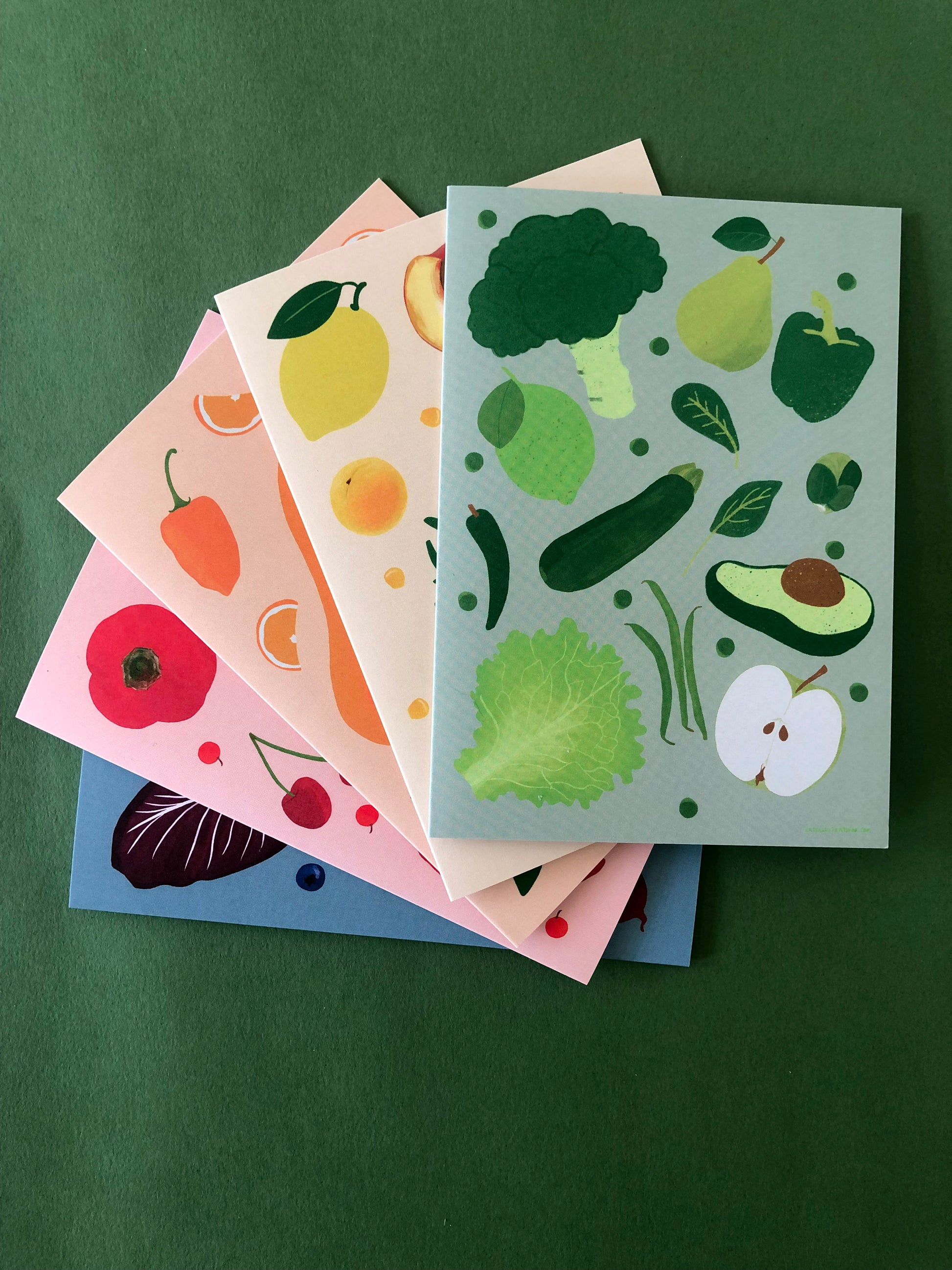 Set of 5 rainbow, illustrated notecards featuring fresh fruits and veggies..