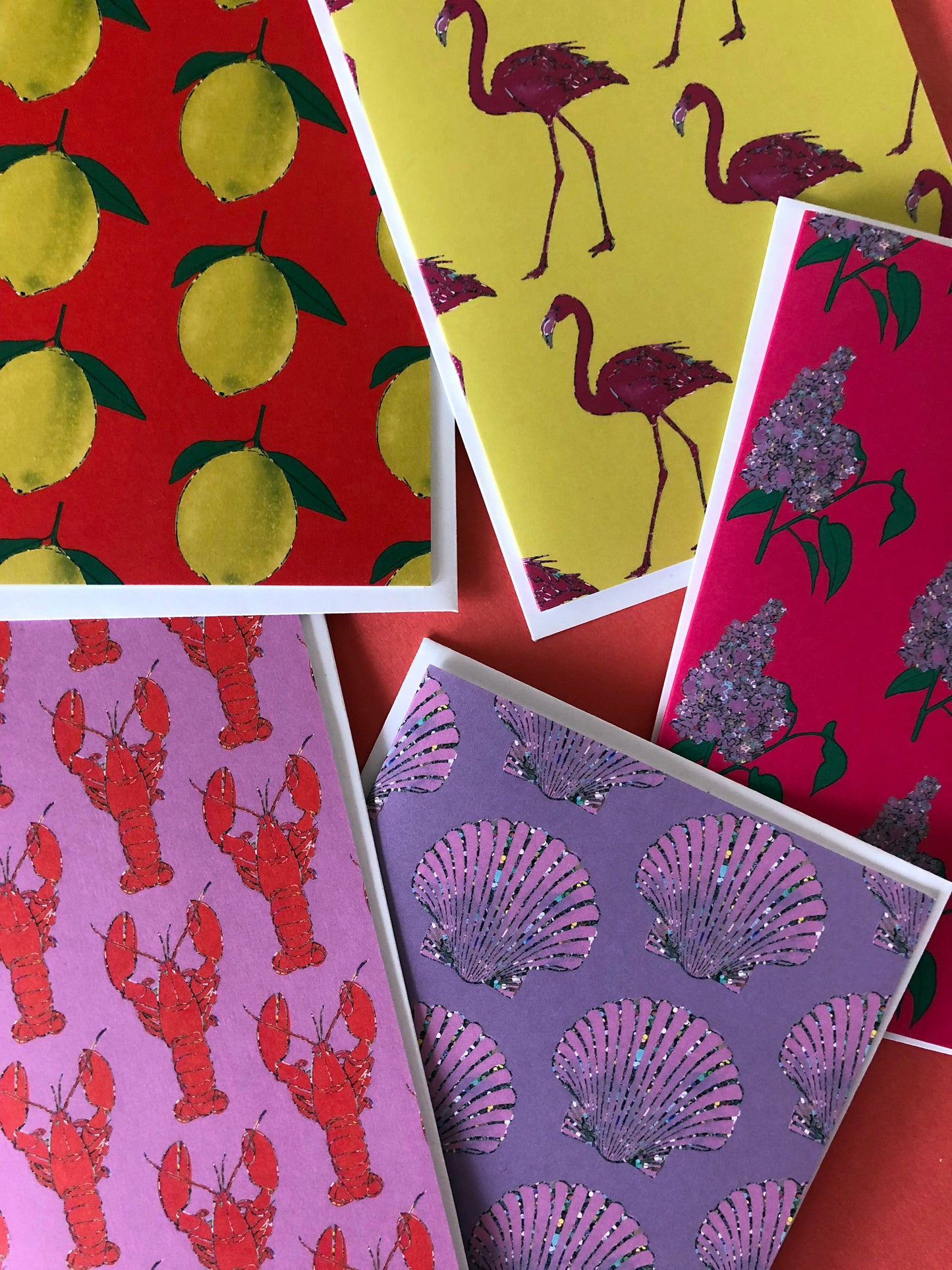 Set of 5 illustrated notecards featuring vibrant summer patterns.