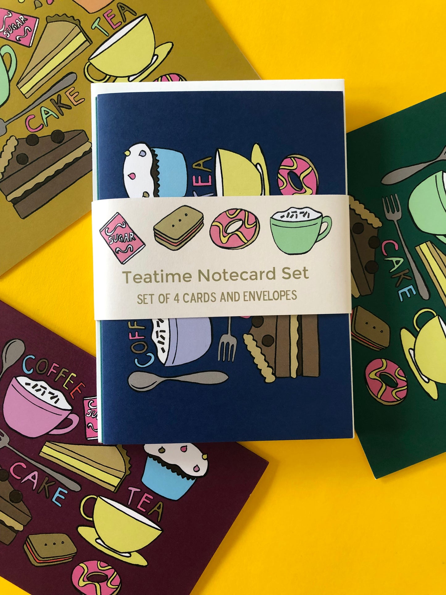 Set of 4 illustrated notecards featuring delicious tea time treats.
