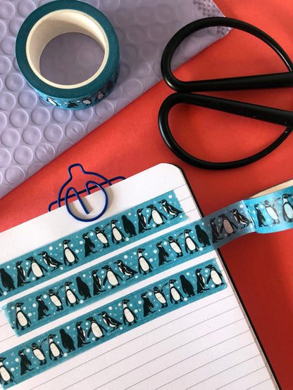 Blue washi tape with a playful, penguin print 