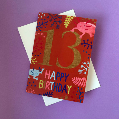 Birthday card with number 13 and 'Happy Birthday' text on a purple background