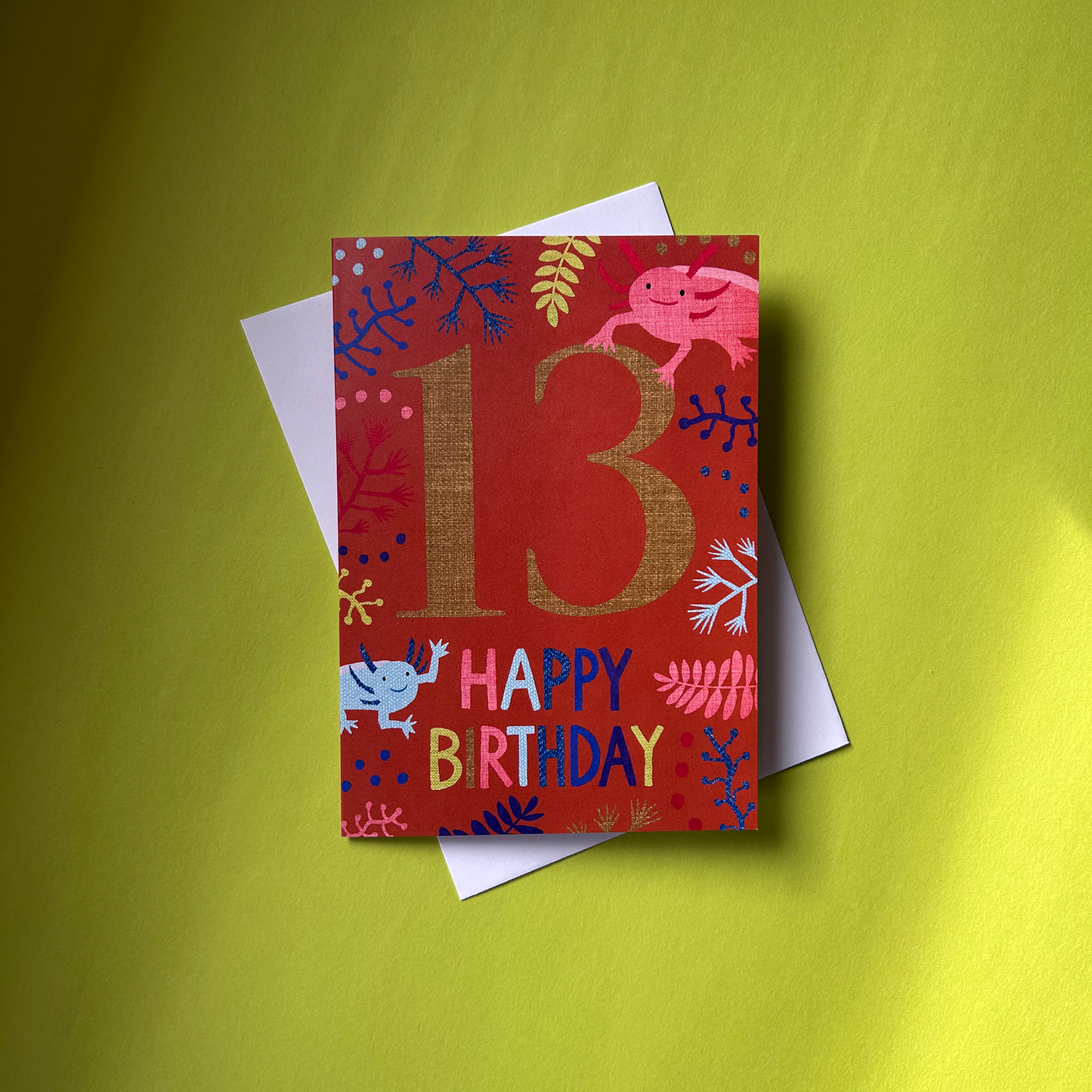 Birthday card with number 13 and 'Happy Birthday' text on a red background, placed on a green surface.