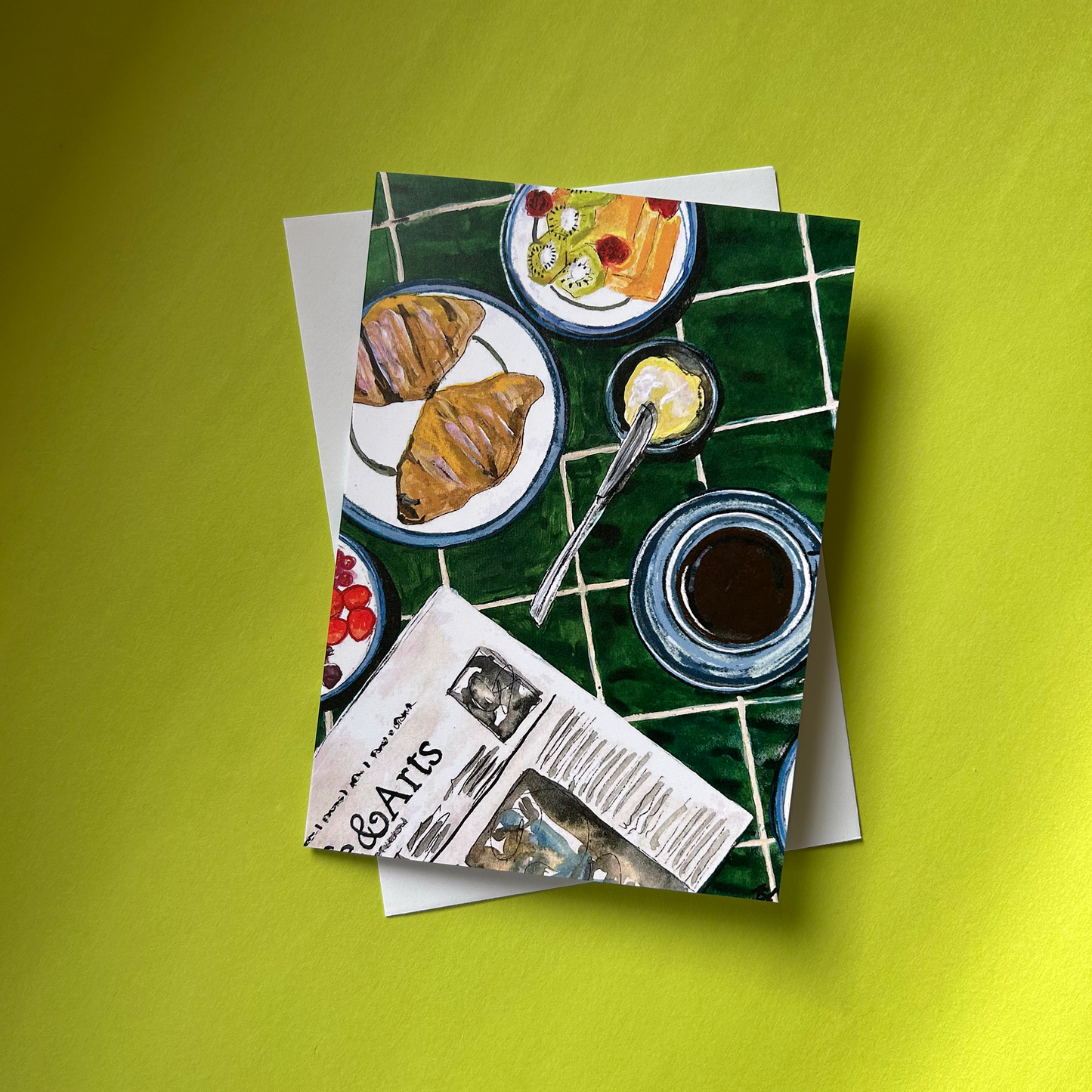 Greeting card with food illustration on a green background