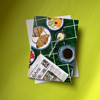 Greeting card with food illustration on a green background