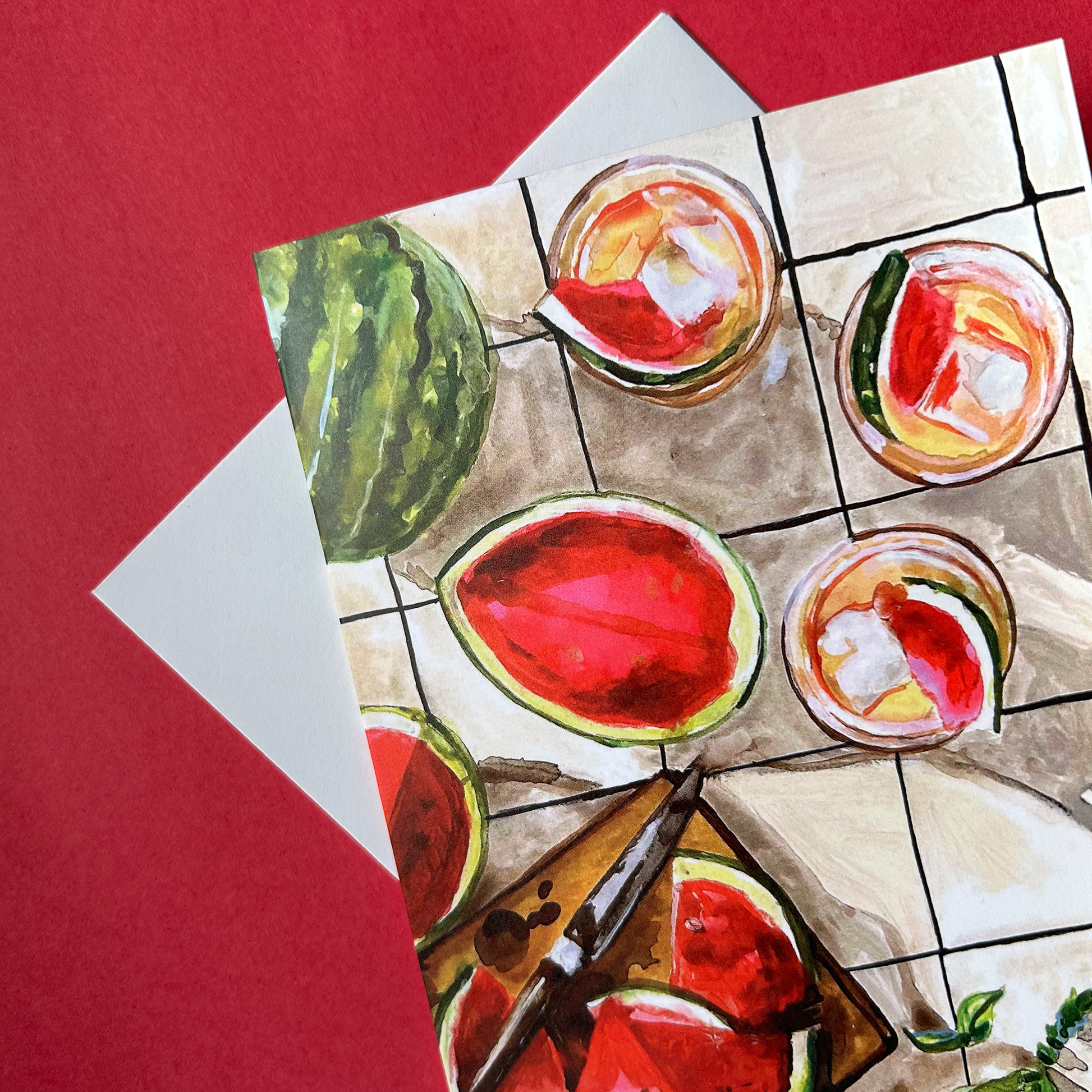 Greeting card with watermelon and cocktail illustration on a tiled surface, with a red background.