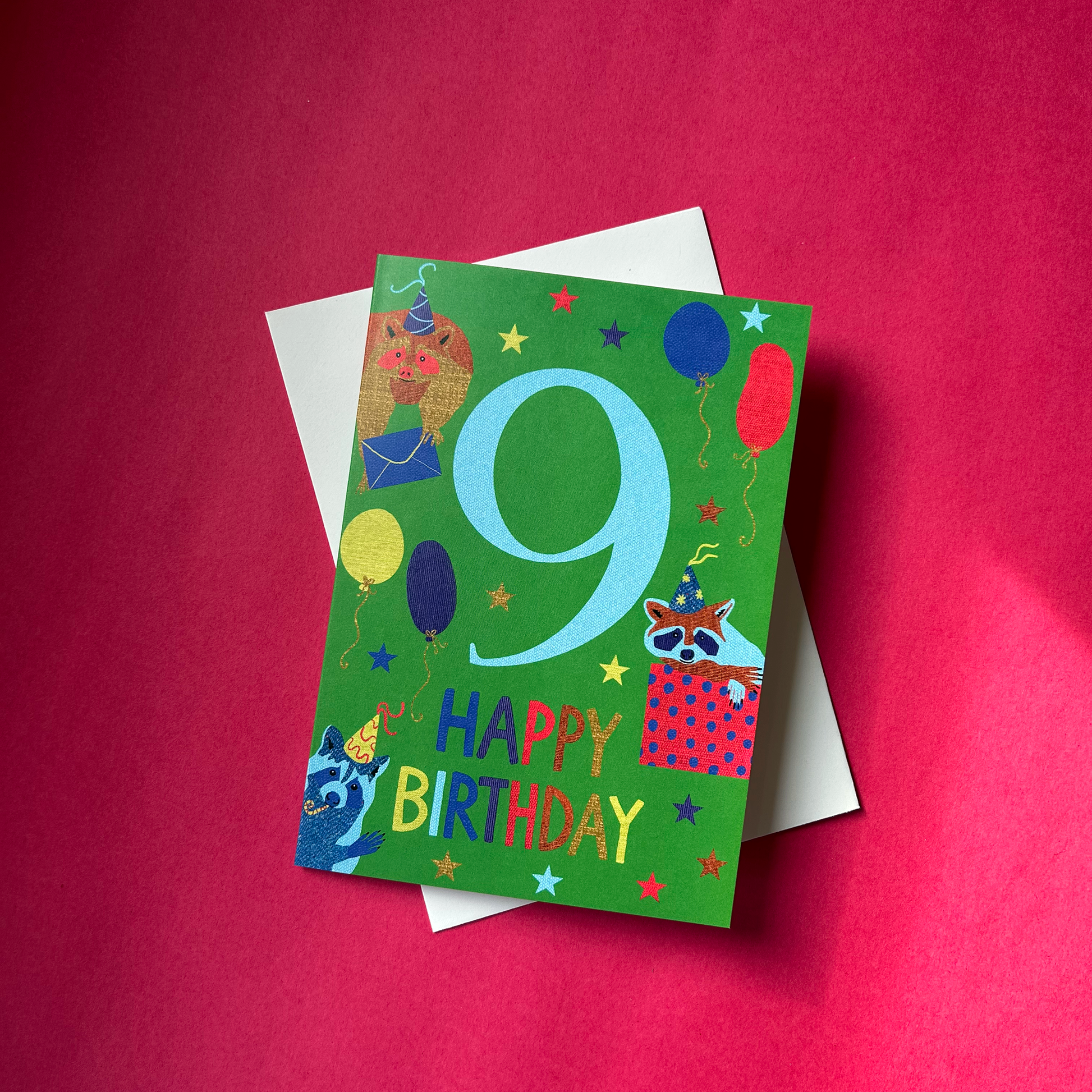 Colorful birthday card with number 9 and 'Happy Birthday' text on a red background