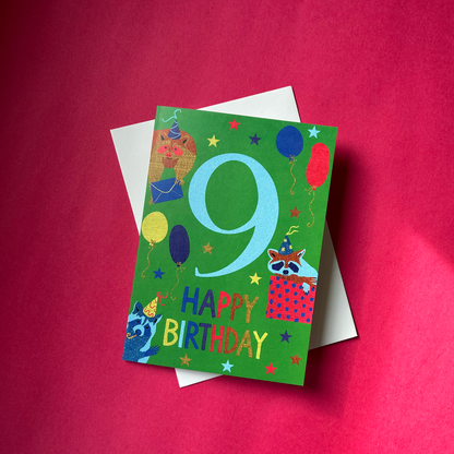 Colorful birthday card with number 9 and 'Happy Birthday' text on a red background