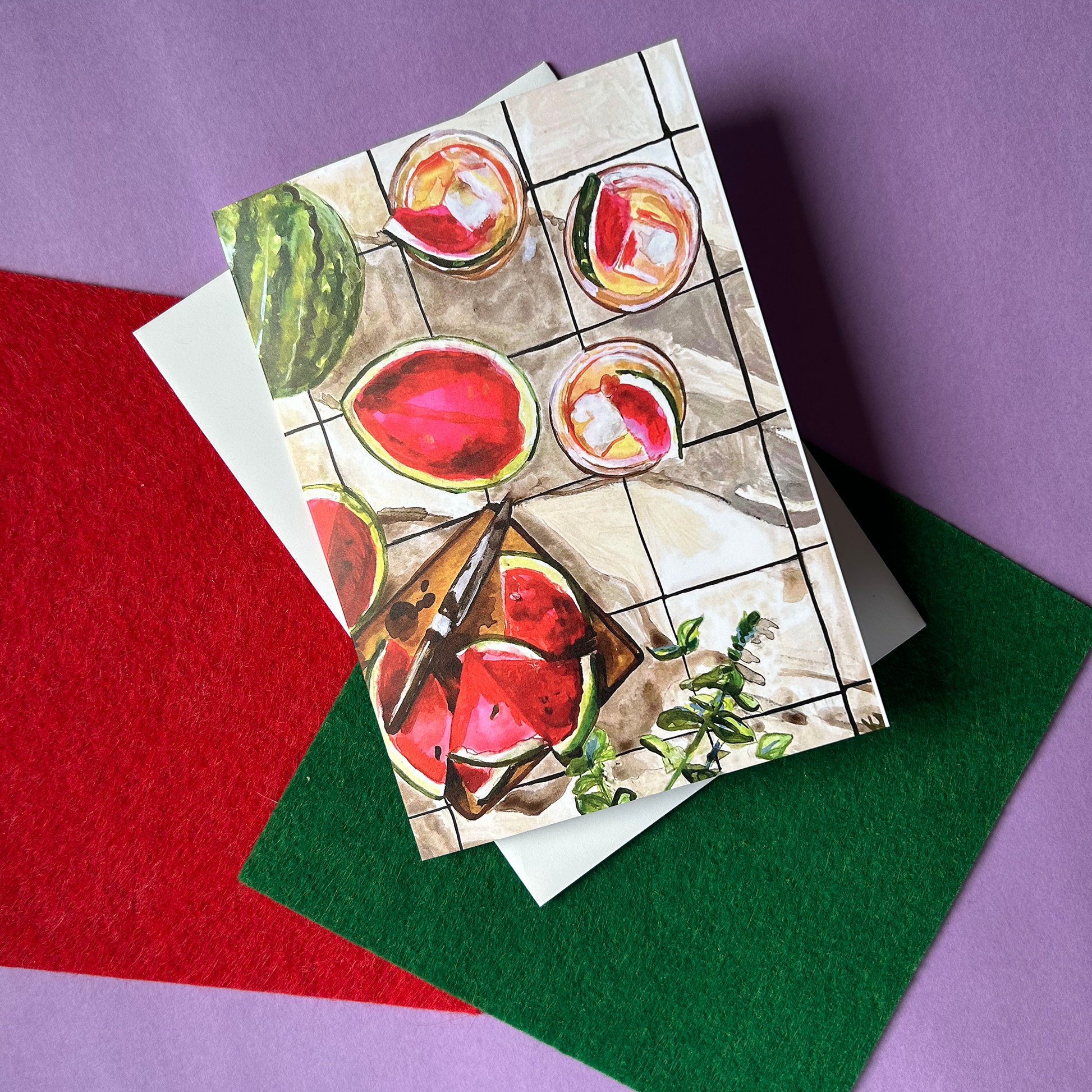 Greeting card with watermelon illustrations on a colourful background
