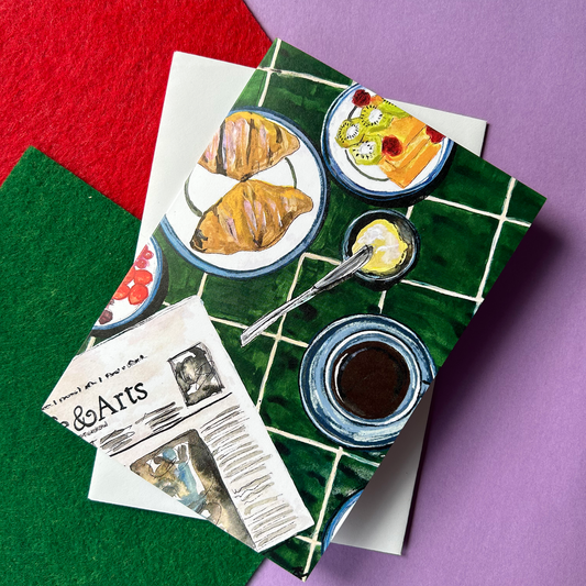 Art card with a breakfast table illustration on a colourful background