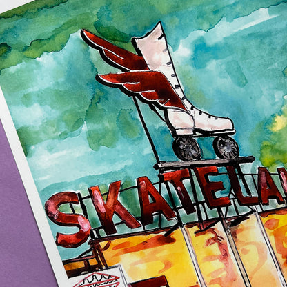 Ink illustration of a roller skate with 'SKATELAND' text against a colourful background
