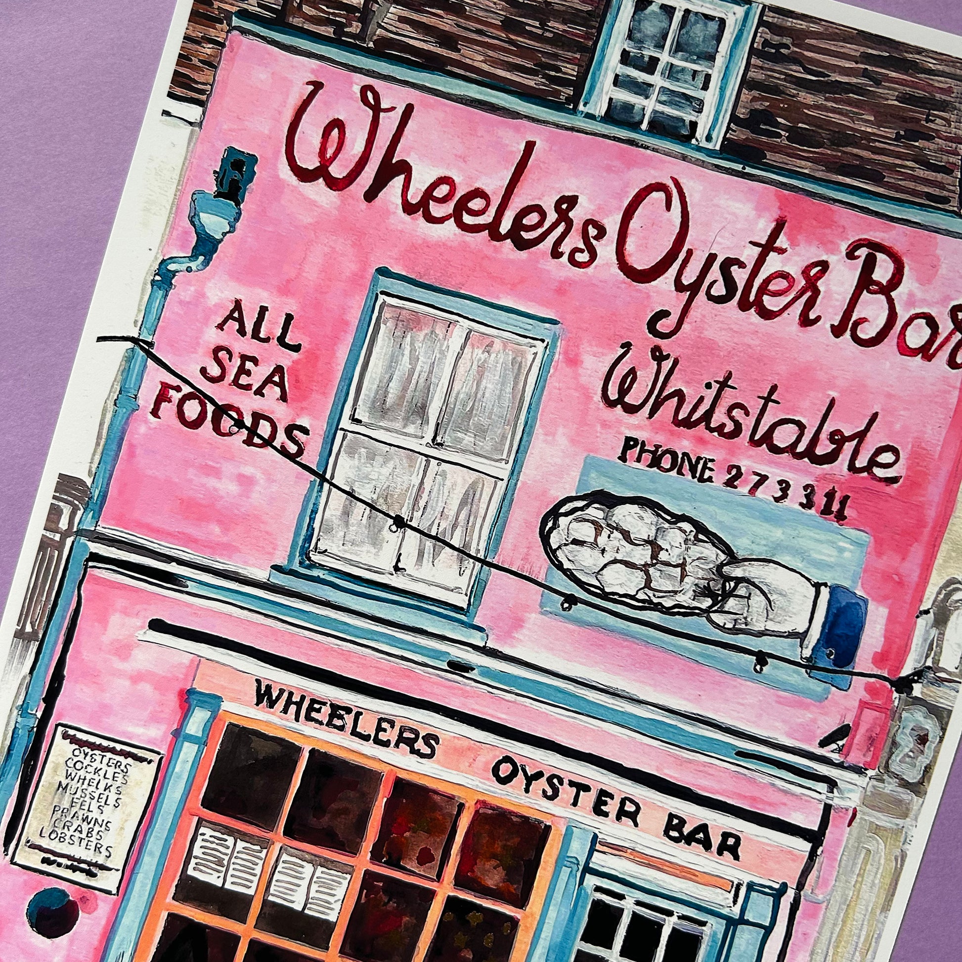 Illustration of Wheeler's Oyster Bar in Whitstable with a pink facade and oysters on a platter.