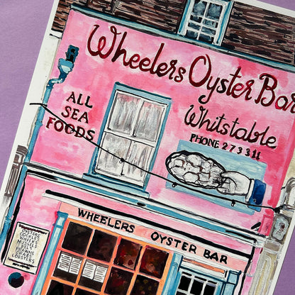 Illustration of Wheeler's Oyster Bar in Whitstable with a pink facade and oysters on a platter.