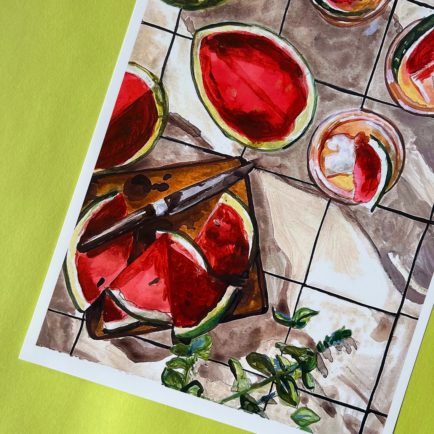 Artistic depiction of watermelon slices on a grid background