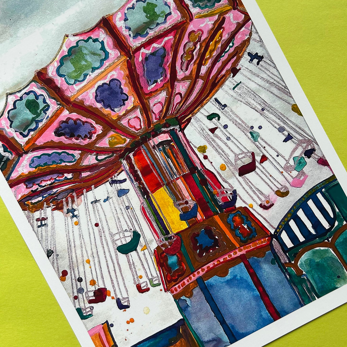 Colourful illustration of a carousel with pink roof and swings on a white background.
