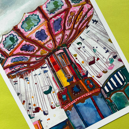 Colourful illustration of a carousel with pink roof and swings on a white background.