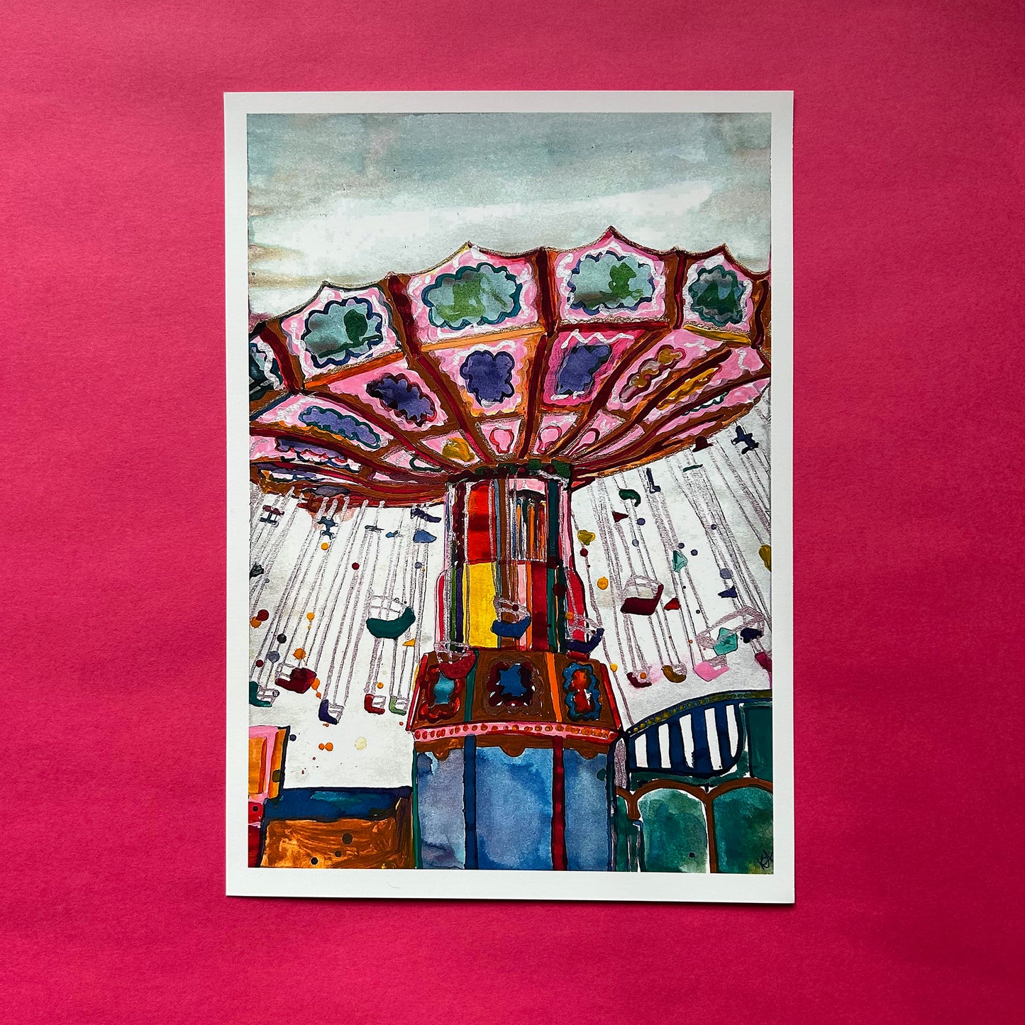 Colourful carousel painting on a pink background
