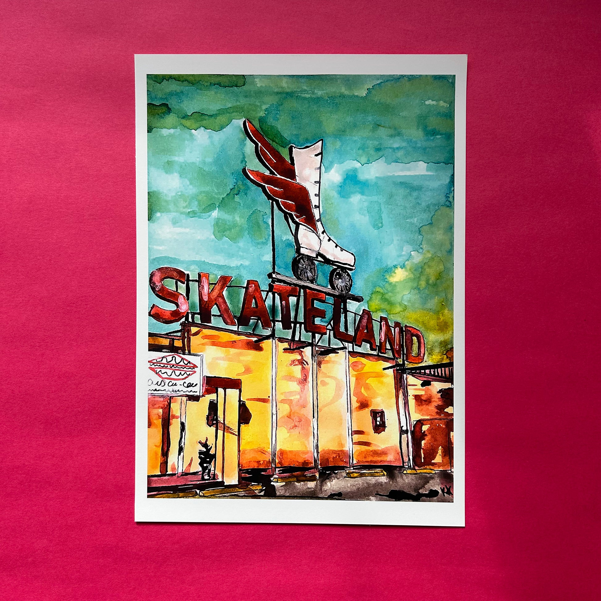 Artistic depiction of a building with 'Skateland' sign and roller skates on top, on a red background.