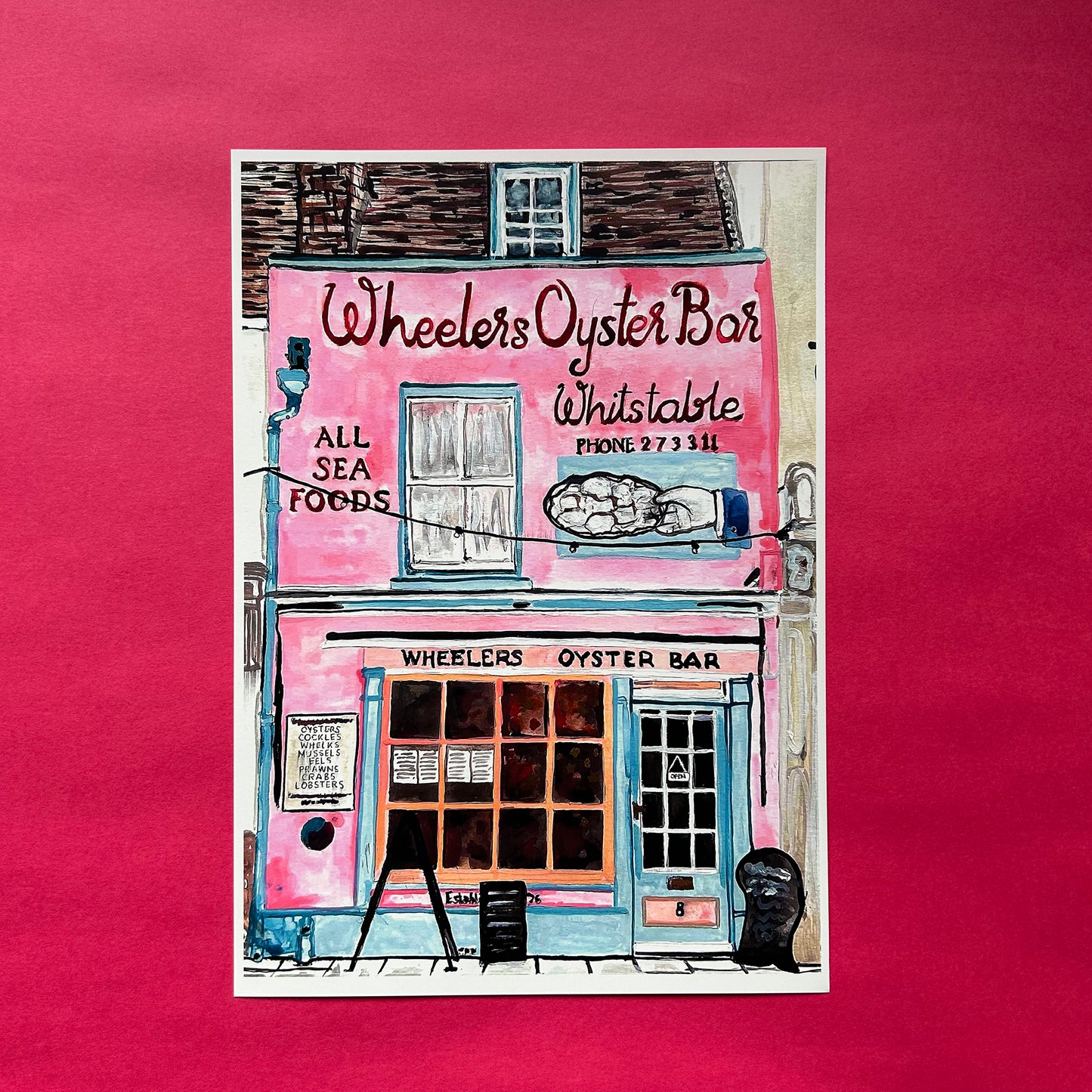 Illustration of Wheeler's Oyster Bar in Whitstable on a pink background