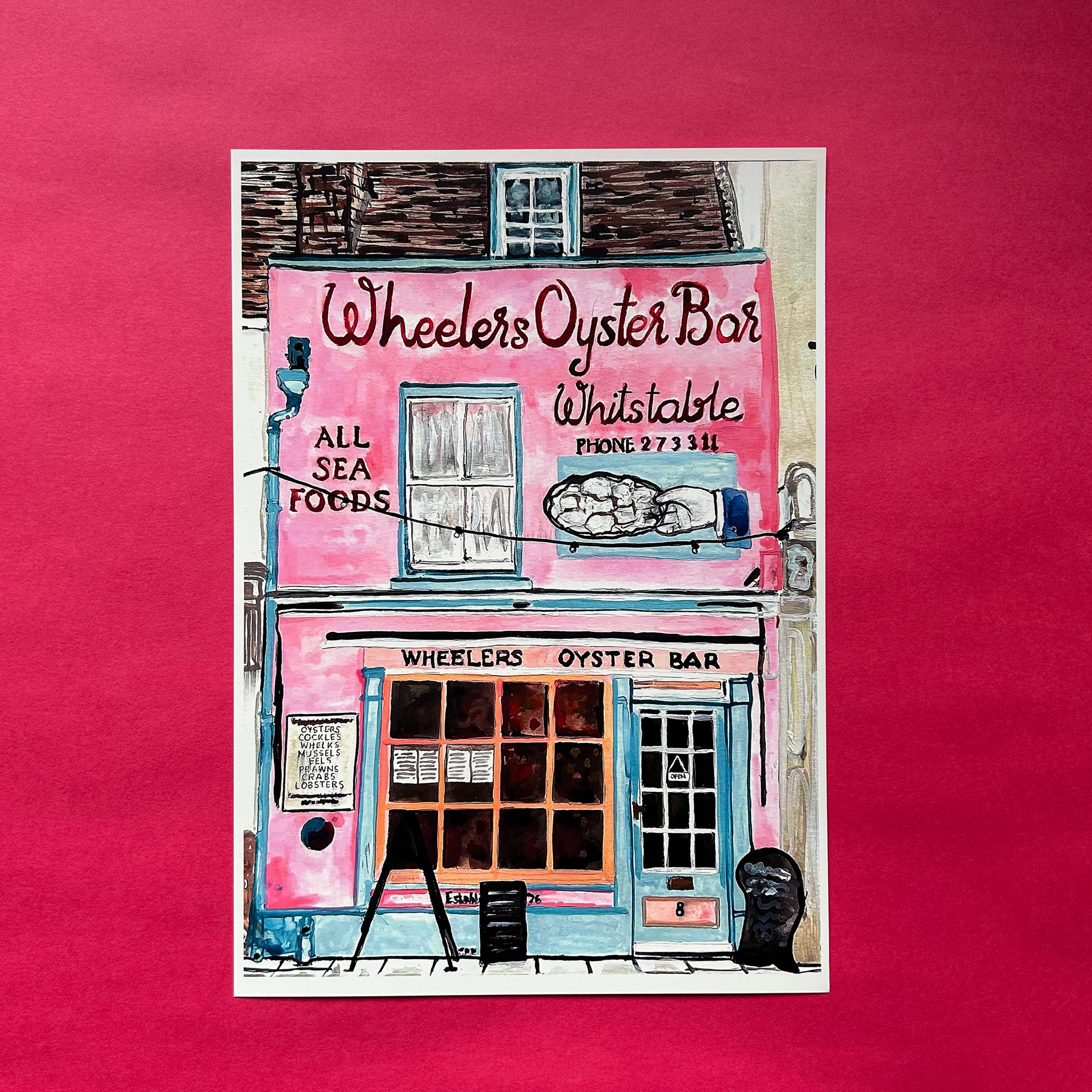Illustration of Wheeler's Oyster Bar in Whitstable on a pink background