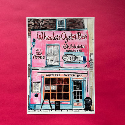 Illustration of Wheeler's Oyster Bar in Whitstable on a pink background