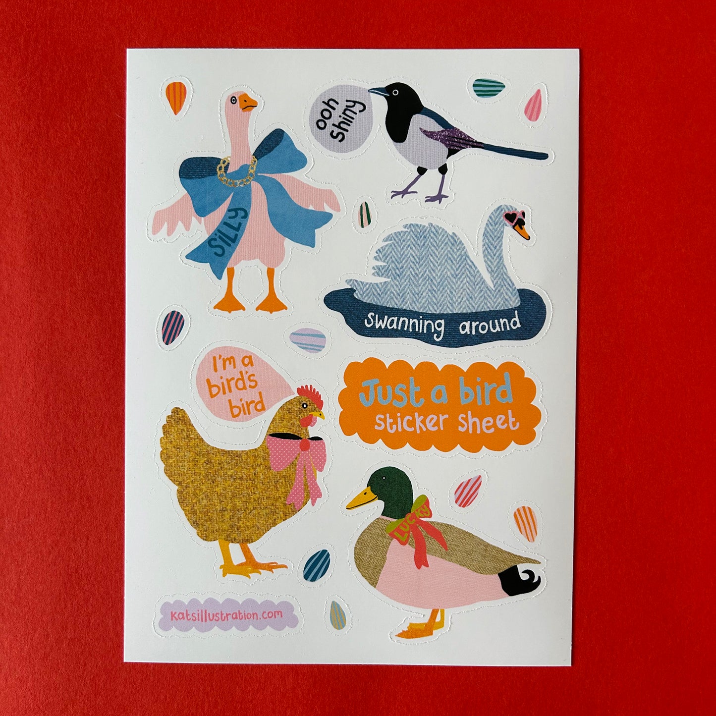 Sticker sheet with bird illustrations on a red background