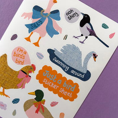 Sticker sheet with various bird illustrations on a purple background