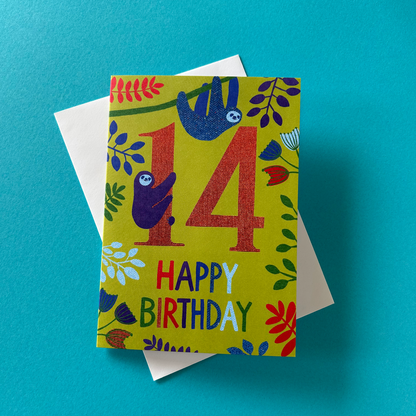 Colourful birthday card with number 14 and 'Happy Birthday' text on a blue background