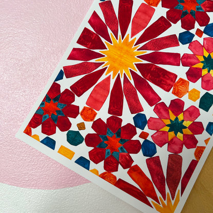 Colourful mosaic design on a pink background