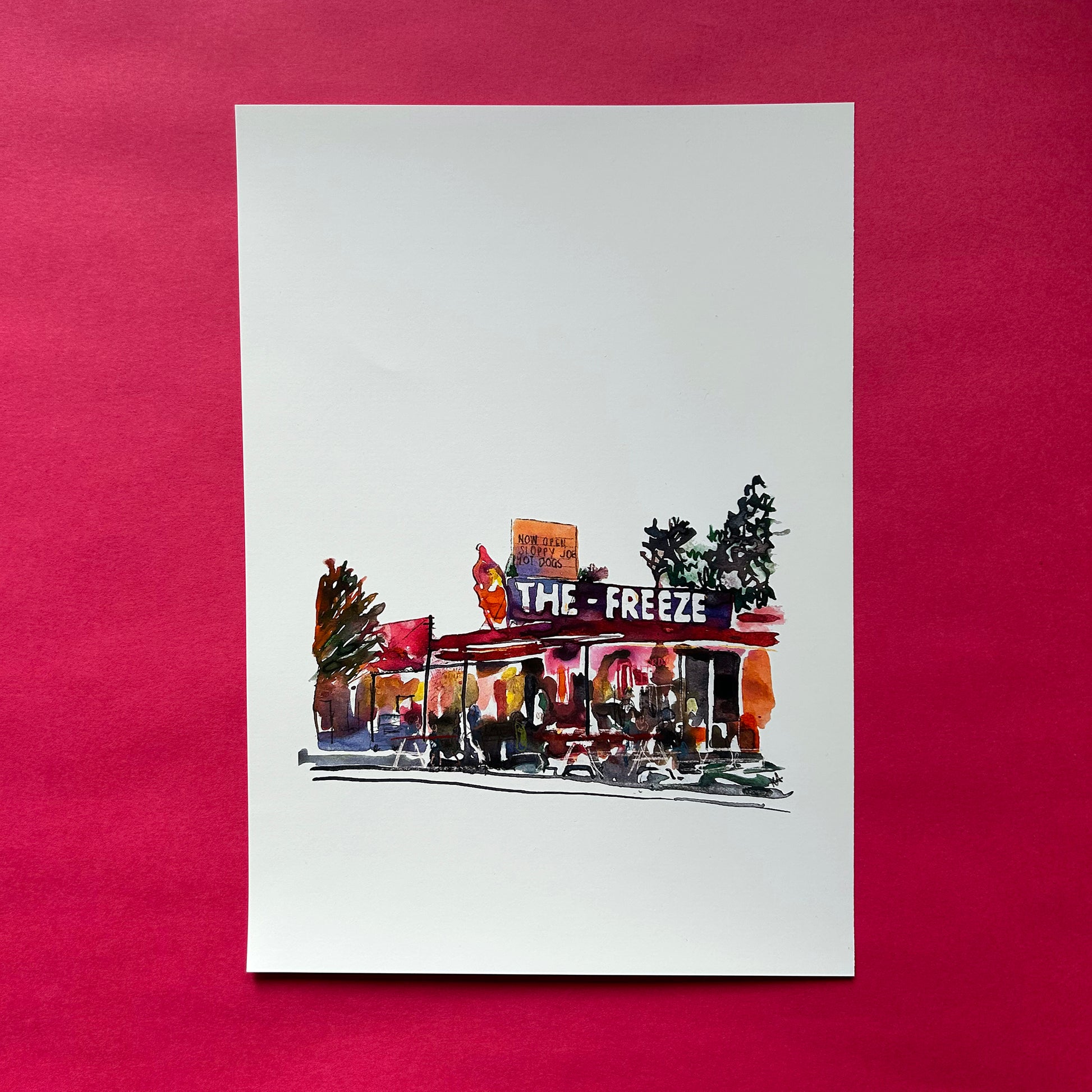 Illustration of a store named 'The Freeze' on a white background with a red border.