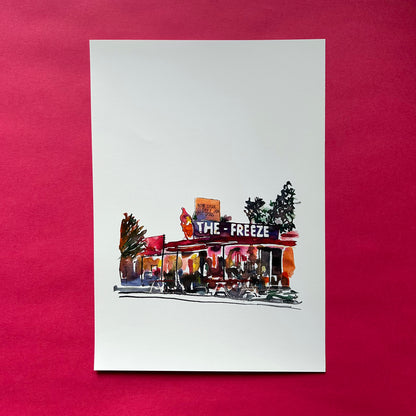 Illustration of a store named 'The Freeze' on a white background with a red border.