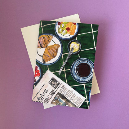 Greeting card with food illustration on a purple background