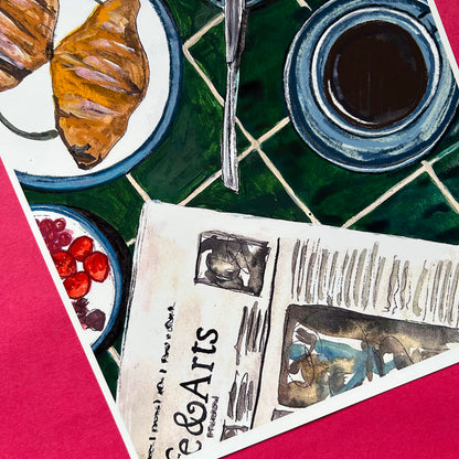 Art print of a newspaper, coffee, and pastries on a table.
