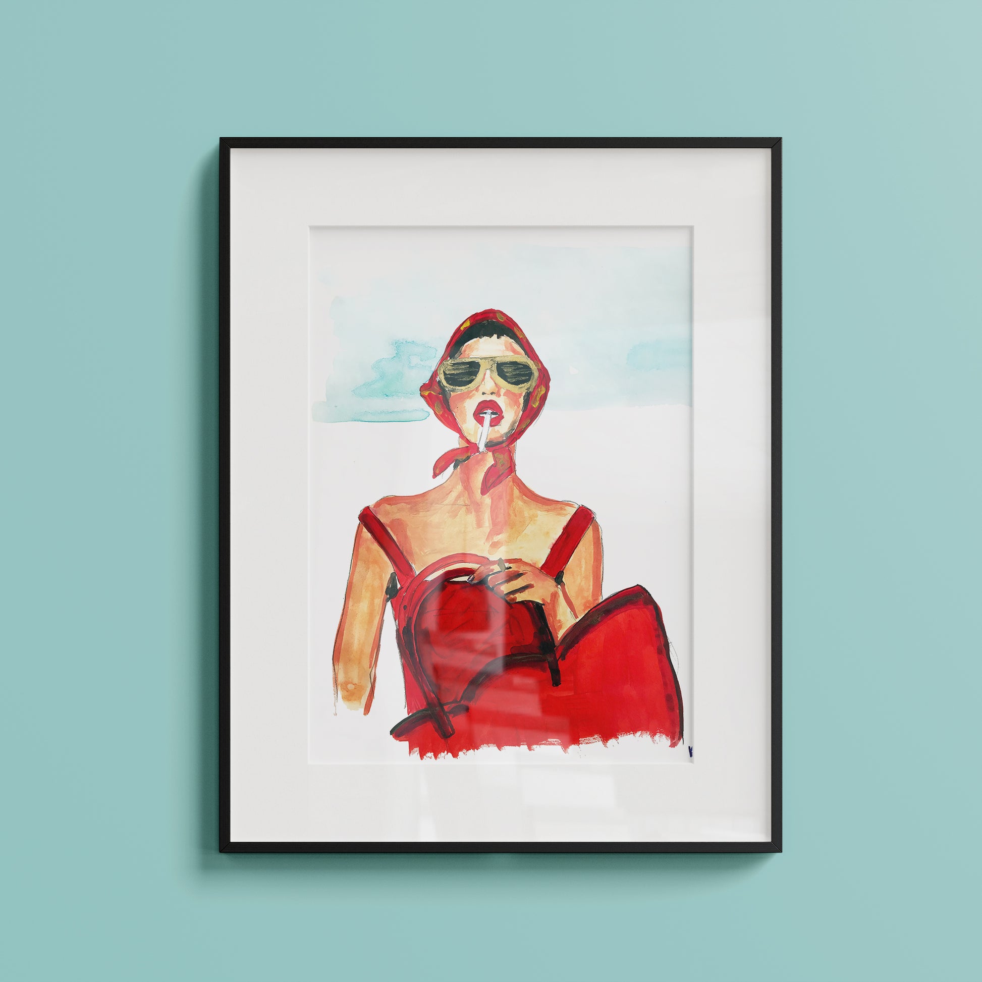 Image shows a framed illustration of a woman in a red dress and headscarf, holding a red bag and smoking with gold sunglasses on