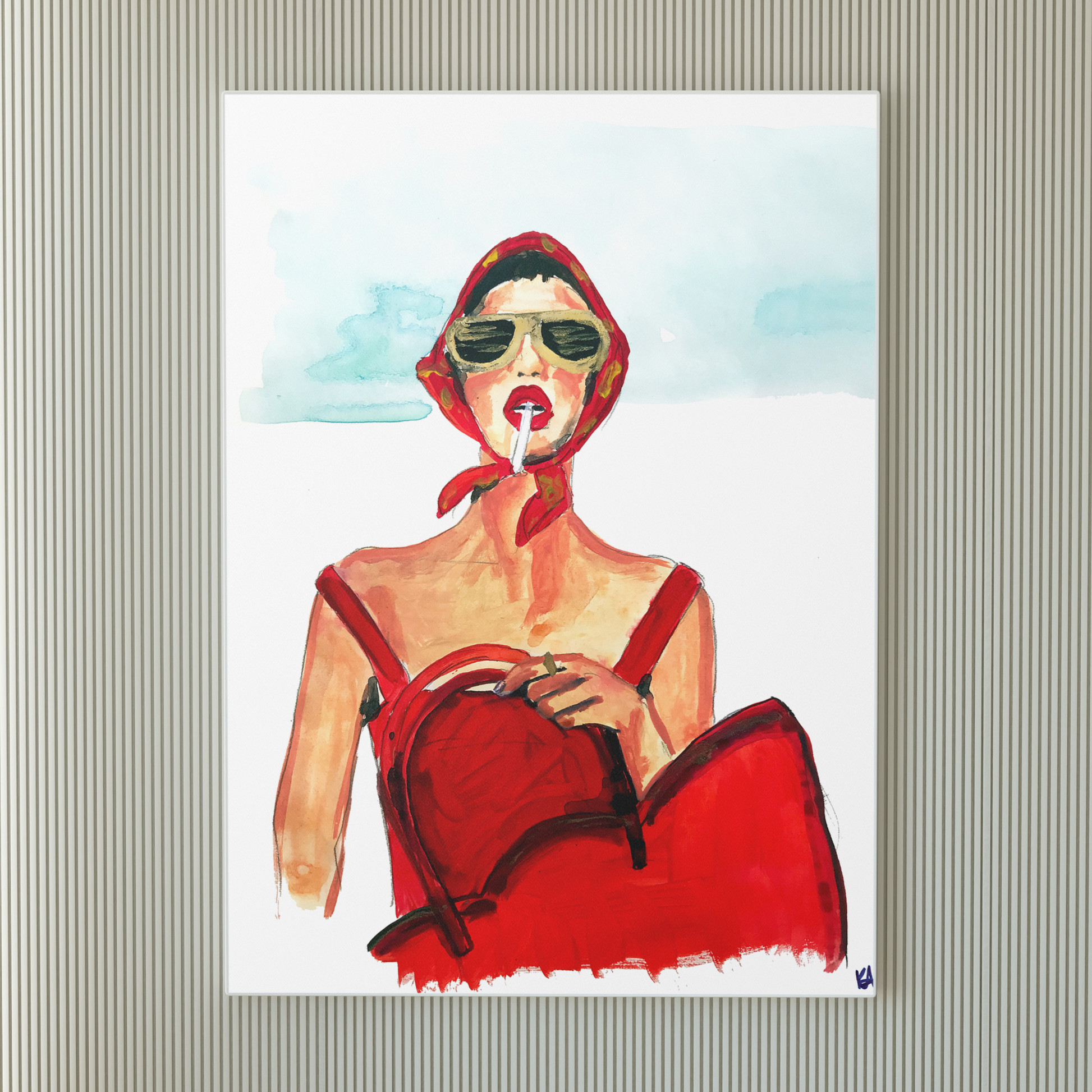 Image shows a framed illustration of a woman in a red dress and headscarf, holding a red bag and smoking with gold sunglasses on