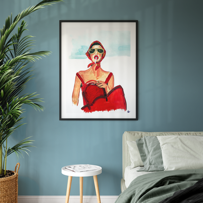 Image shows a framed illustration of a woman in a red dress and headscarf, holding a red bag and smoking with gold sunglasses on