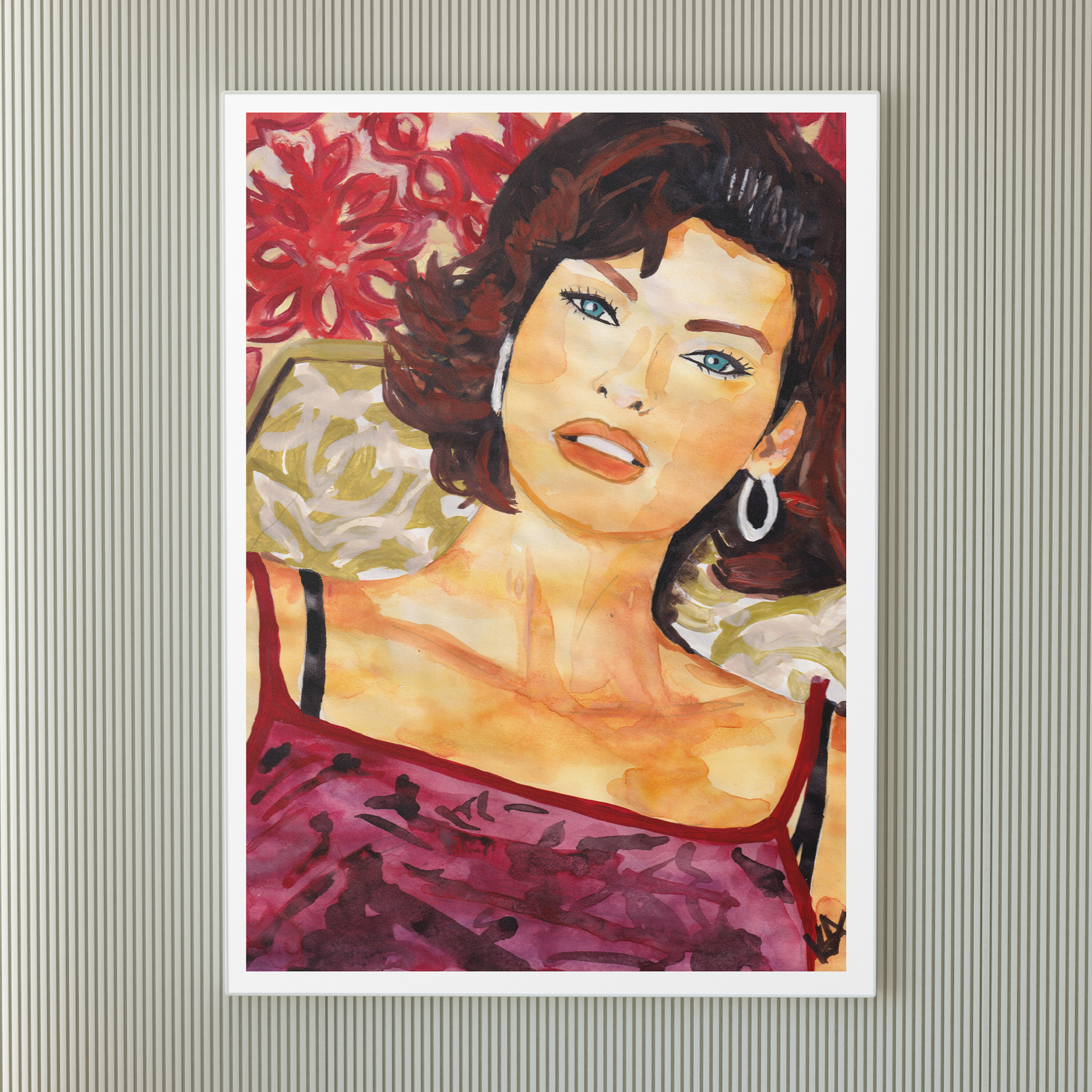 Image shows a print of a gouache painting in golds, reds and purple of supermodel Linda Evangalista