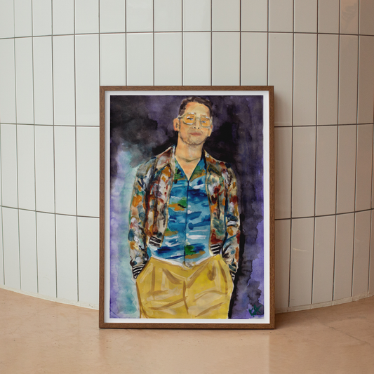 Image shows a framed fashion illustration of Gucci's Love Parade featuring actor Macaukley Culkin in a patterned jacket and shirt