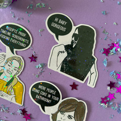 Stickers with text and illustrations on a purple background with stars