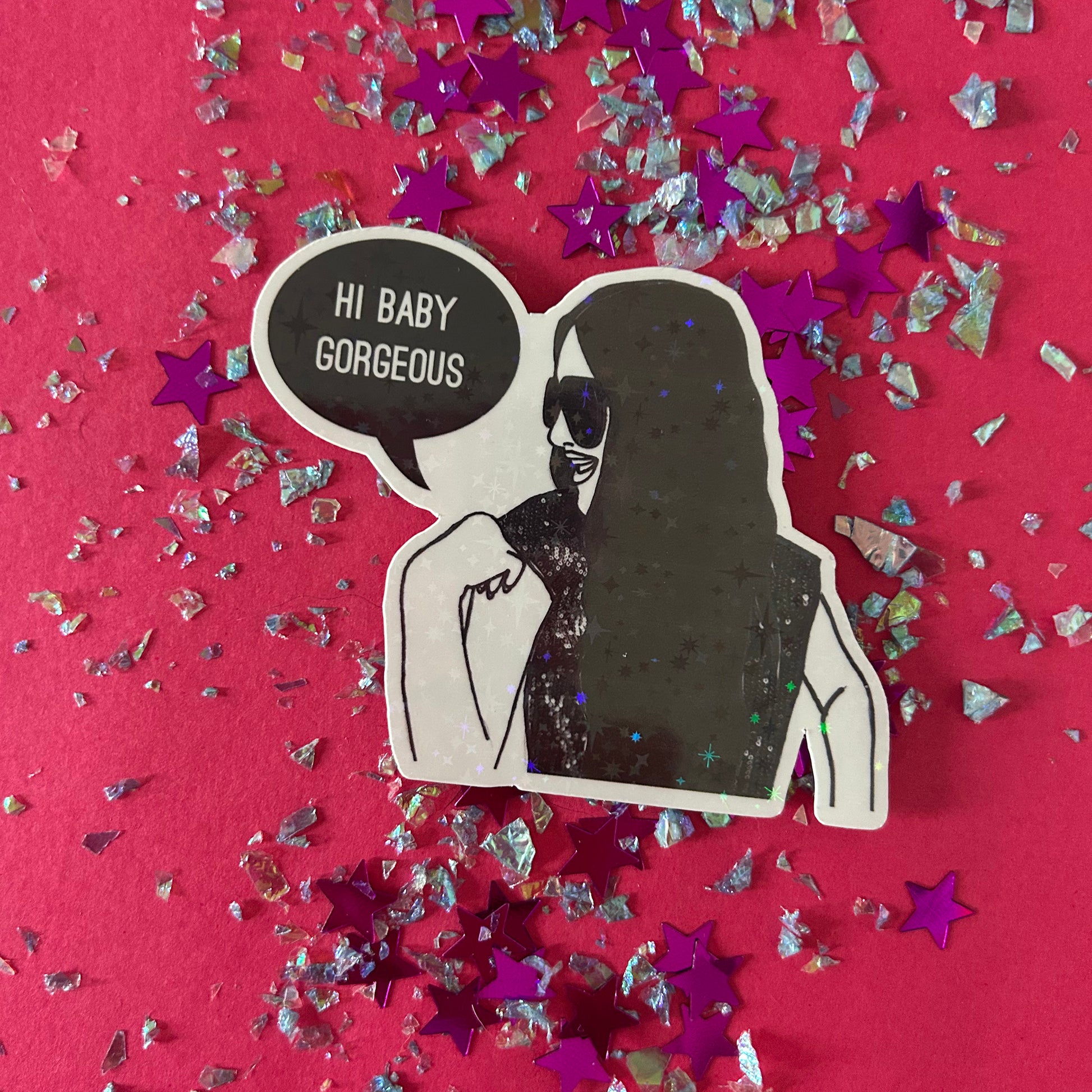Sticker of a silhouette with 'Hi Baby Gorgeous' text on a pink background with star confetti