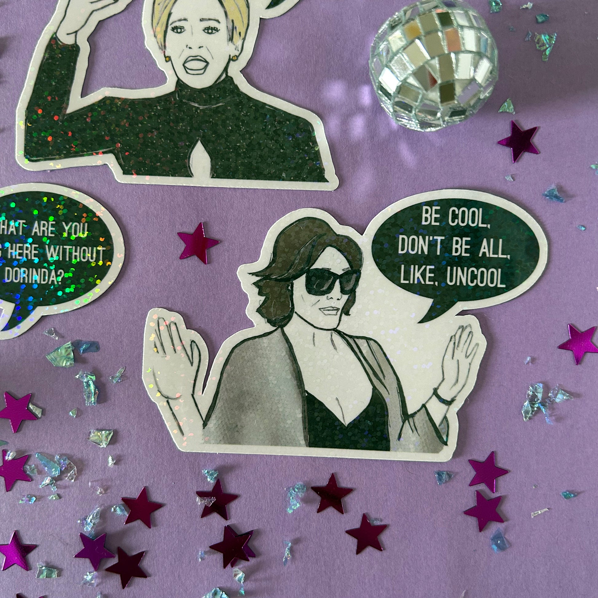 Sticker of a woman with sunglasses and a speech bubble on a purple background with stars and a disco ball.